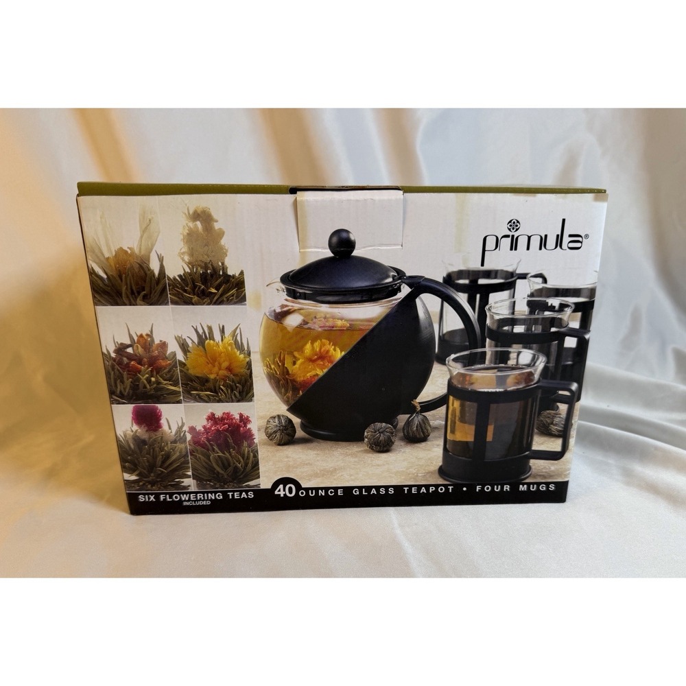 Primula Glass Tea Pot 4 Mugs Black Holder Handles Infuser 5 Teas Included